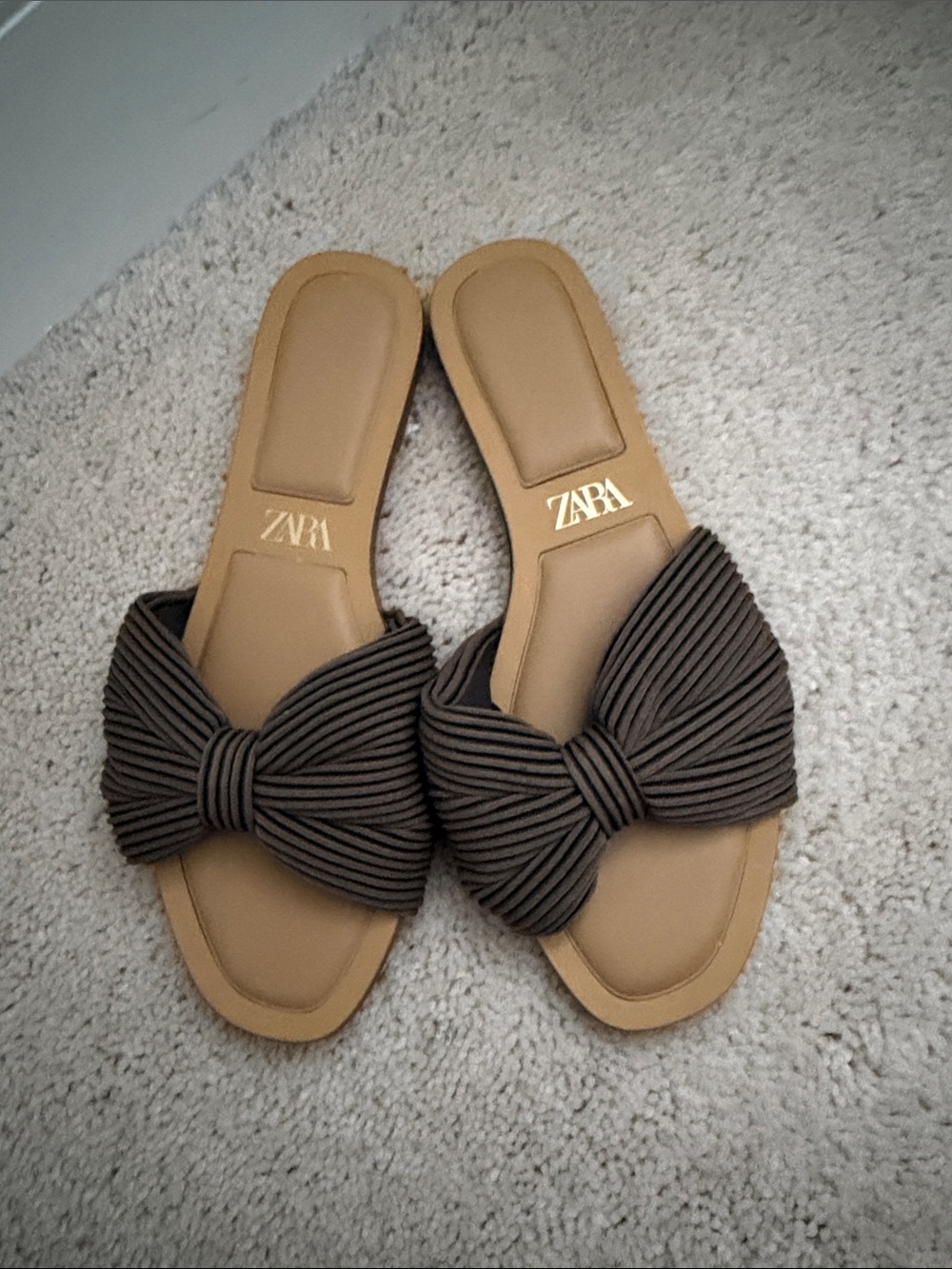 ZARA Tan Footbed Slide Sandals with Brown Knotted Bow